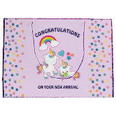 かわいいホワイトユニコーン魔法のママ&ベビーおめでとう ラージペーパーバッグ (裏面)