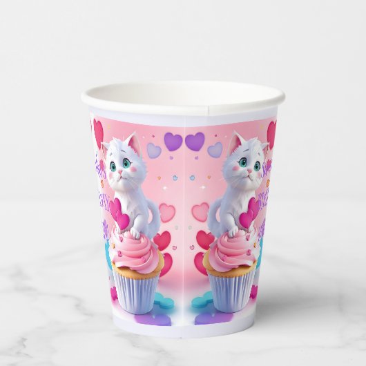 かわいいホワイト子猫&カップケーキガーリー誕生日パーティー 紙コップ (右)
