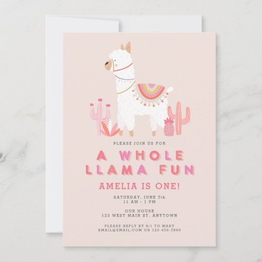 かわいいホールラマおもしろいピンクの最初の誕生日パーティー 招待状 (正面)