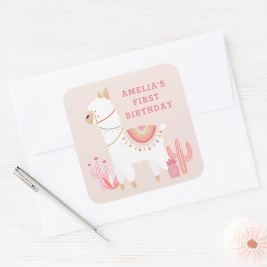 かわいいホールラマおもしろいピンク1位の誕生日パーティーのお気に入り スクエアシール (封筒)