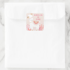 かわいいホールラマおもしろいピンク1歳の誕生日のお願い スクエアシール