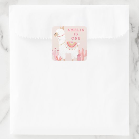 かわいいホールラマおもしろいピンク1歳の誕生日のお願い スクエアシール (バッグ)