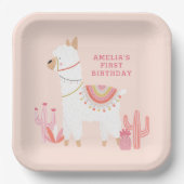 かわいいホールラマおもしろいピンク1歳の誕生日パーティー ペーパープレート (正面)