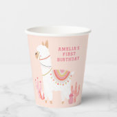 かわいいホールラマおもしろいピンク1歳の誕生日パーティー 紙コップ (正面)