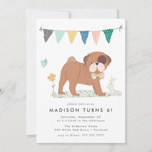 かわいいボウタイパグ誕生日パーティー 招待状 (正面)