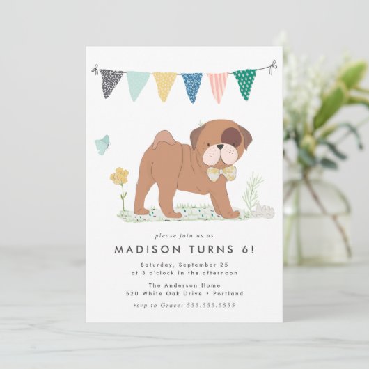 かわいいボウタイパグ誕生日パーティー 招待状 (スタンド正面)