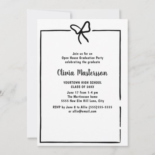 かわいいボウフレームフォトオープンハウス卒業パーティー 招待状 (裏面)