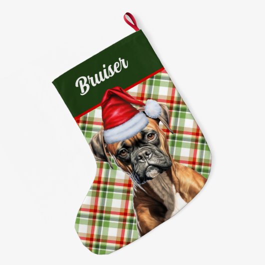 かわいいボクサー犬とホリデープライドパーソナライズされた ラージクリスマスストッキング (裏面 (吊り時))
