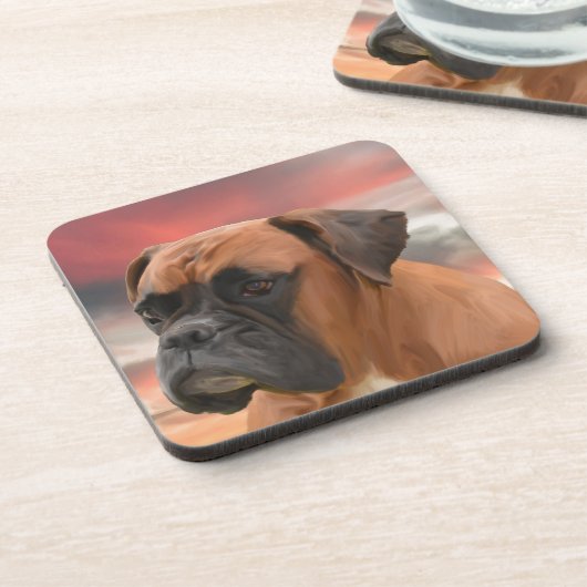 かわいいボクサー犬の水彩油絵画芸術 コースター (左側)