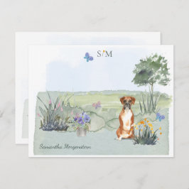 かわいいボクサー犬蝶のモノグラムと名前  ノートカード