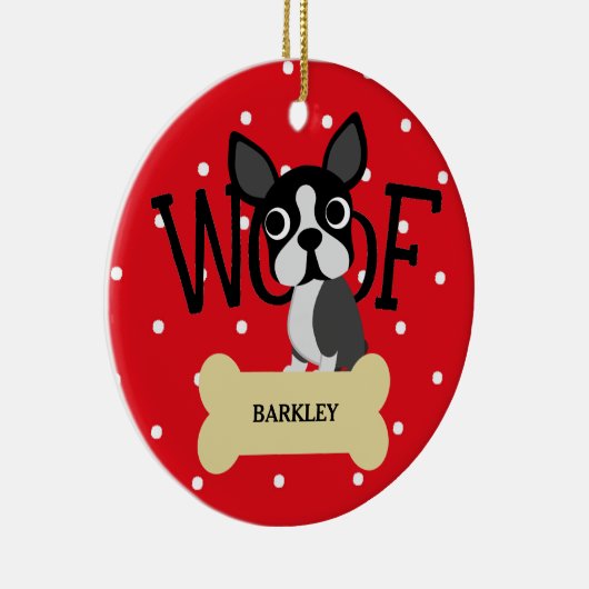 かわいいボストンテリアおよび金ゴールドの骨および赤い点 セラミックオーナメント (右)