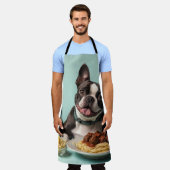 かわいいボストンテリアとスパゲッティボローグナイズ エプロン (着用した状態)