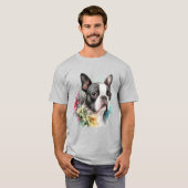 かわいいボストンテリアと花 Tシャツ (正面フル)