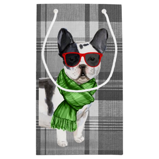 かわいいボストンテリアのクリスマスドッグと一緒にプレイド スモールペーパーバッグ (裏面)