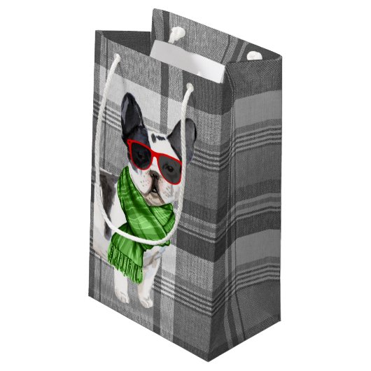 かわいいボストンテリアのクリスマスドッグと一緒にプレイド スモールペーパーバッグ (裏面アングル)