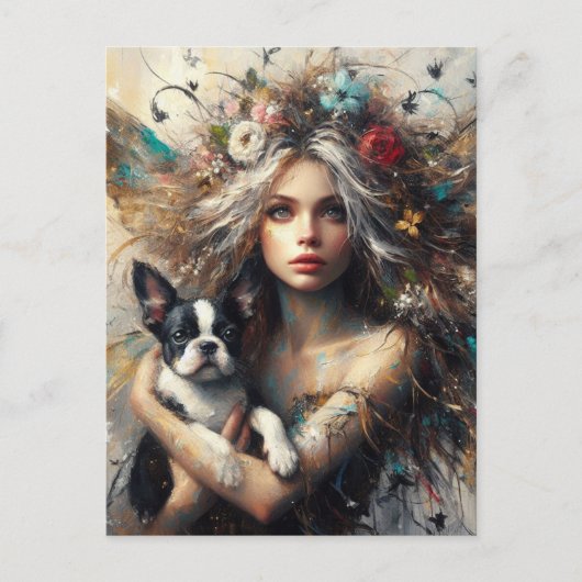 かわいいボストンテリアの子犬を抱えている妖精 ポストカード (正面)