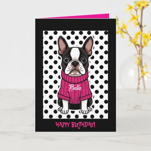 かわいいボストンテリアの誕生日カード カード (黄色い花)