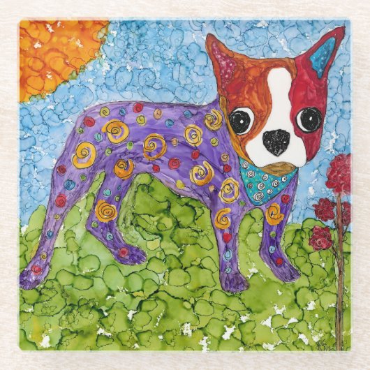 かわいいボストンテリアパピーガラスコースター ガラスコースター (正面)