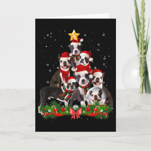 かわいいボストンテリア犬のクリスマスツリー カード (正面)