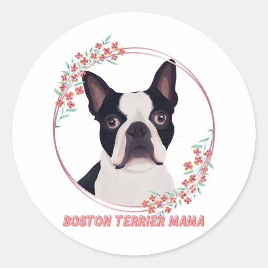 かわいいボストンテリア – Boston Terrier Mama ラウンドシール (正面)