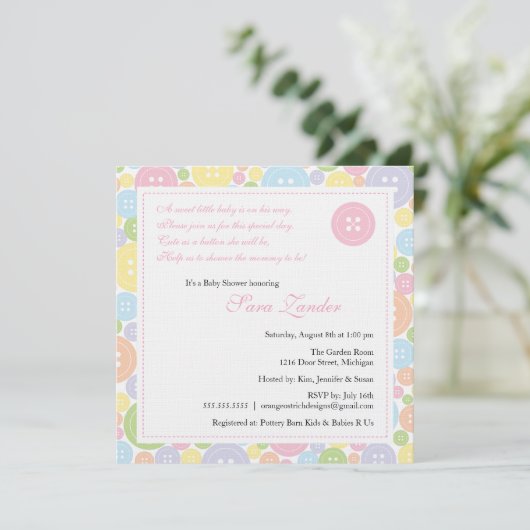 かわいいボタンガールのベビーシャワー招待状 招待状 (スタンド正面)