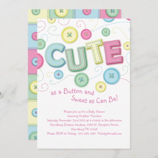 かわいいボタンベビーシャワー裁縫キルティング 招待状 (正面/裏面)
