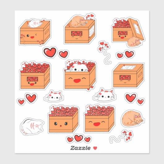 かわいいボックスハートと可愛いキッテンビニールのシール シール (シート)