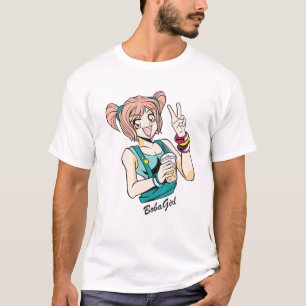 . .かわいいボバガールアニメガール、バブルティーを飲む Tシャツ