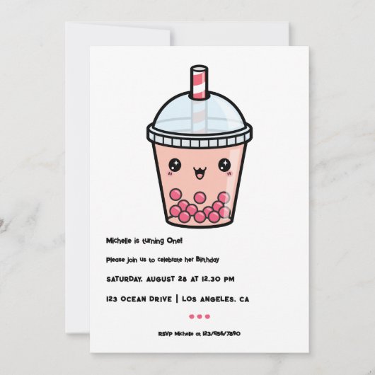 かわいいボバティーファースト誕生日パーティーフォト 招待状 (正面)