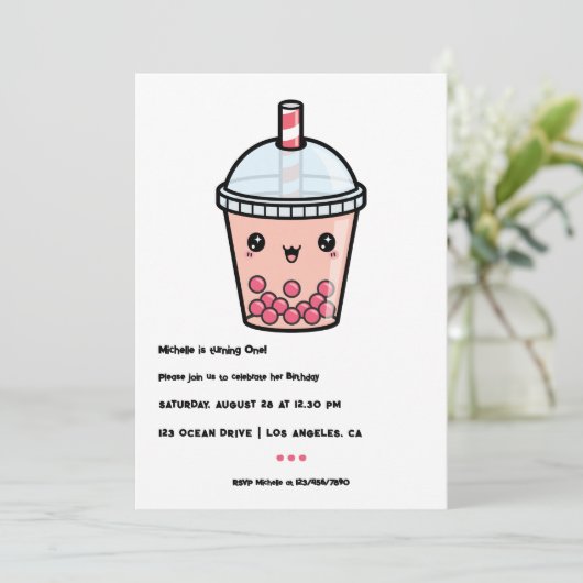 かわいいボバティーファースト誕生日パーティーフォト 招待状 (スタンド正面)