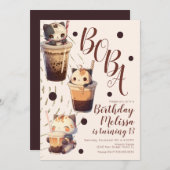 かわいいボバ猫マンガ誕生日パーティー 招待状 (正面/裏面)