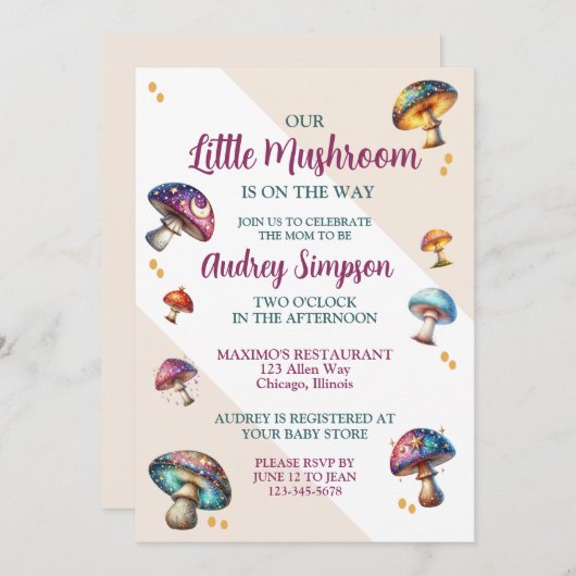 かわいいボヘミアンのきのこベイビーシャワー 招待状 (正面/裏面)