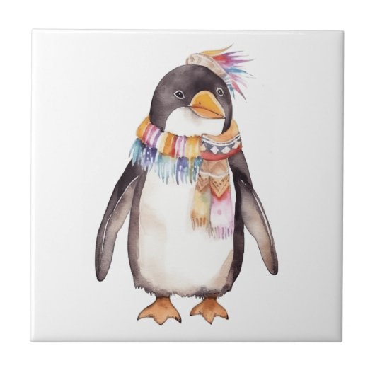 かわいいボヘミアン調の水彩画風ヒッピーペンギンデザイン タイル (正面)