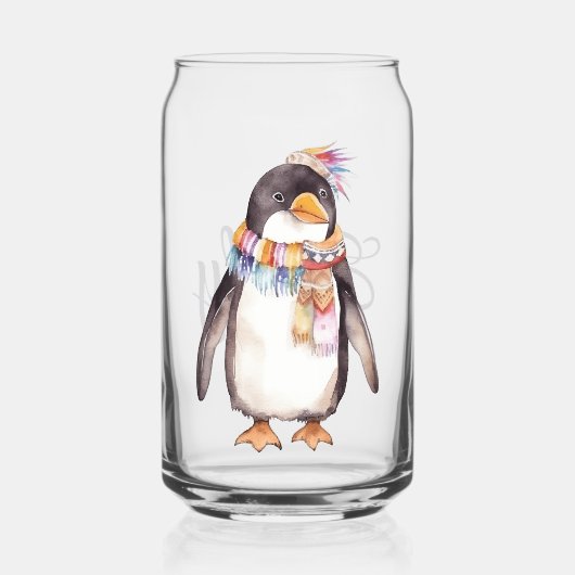 かわいいボヘミアン風水彩ヒッピーペンギンデザイン ガラス缶 (正面)