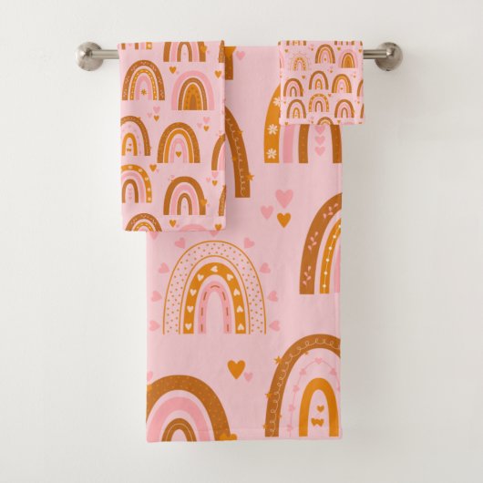 かわいいボホのレインボーハートの模様（オレンジ色） バスタオルセット (インサイチュ)