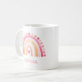 かわいいボホの水色レインボーパーソナライズされたピンク コーヒーマグカップ (正面左)