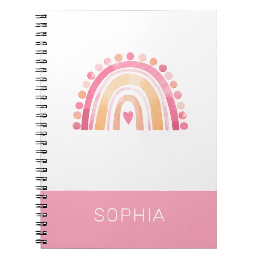 かわいいボホの水色レインボーパーソナライズされたピンク ノートブック (正面)