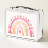 かわいいボホの水色レインボーパーソナライズされたピンク メタルランチボックス (裏面)