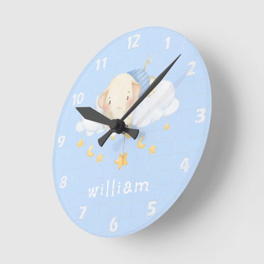 かわいいボホウォーターカラーエレファントクラウドブルー子供部屋 ラウンド壁時計 (傾斜)