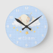 かわいいボホウォーターカラーエレファントクラウドブルー子供部屋 ラウンド壁時計 (正面)