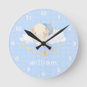 かわいいボホウォーターカラーエレファントクラウドブルー子供部屋 ラウンド壁時計