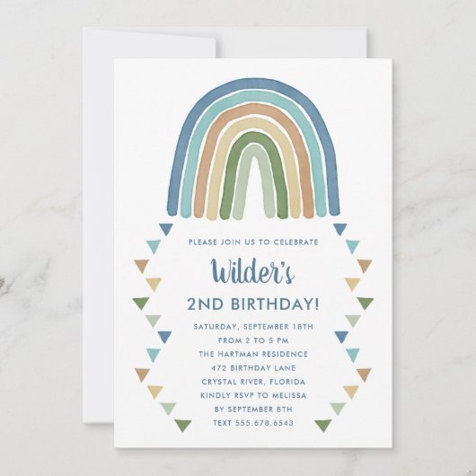 かわいいボホウォーターカラーレインボー誕生日ブルー 招待状 (正面)