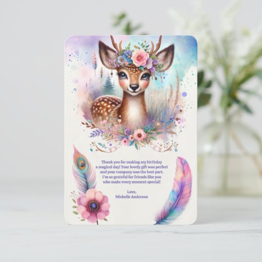 かわいいボホウォーター色ウッドランドディアバースデーパーティー サンキューカード (スタンド正面)