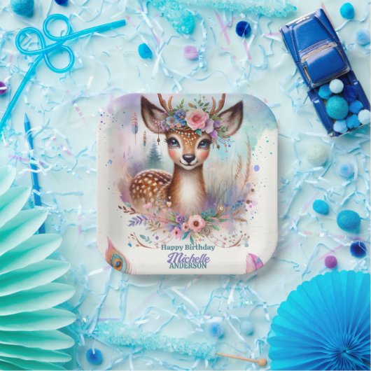 かわいいボホウォーター色ウッドランドディアバースデーパーティー ペーパープレート (パーティー)