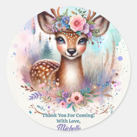 かわいいボホウォーター色ウッドランドディアバースデーパーティー ラウンドシール (正面)