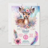 かわいいボホウォーター色ウッドランドディアバースデーパーティー 招待状 (正面)