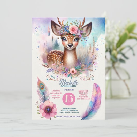 かわいいボホウォーター色ウッドランドディアバースデーパーティー 招待状 (スタンド正面)