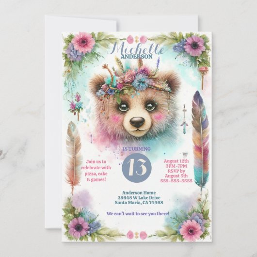 かわいいボホウォーター色ウッドランドベアバースデーパーティー 招待状 (正面)