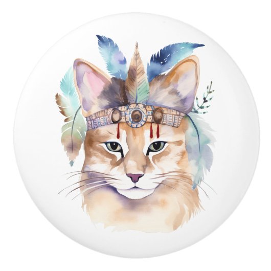 かわいいボホウォーター色ヒッピー猫デザイン セラミックノブ (正面)
