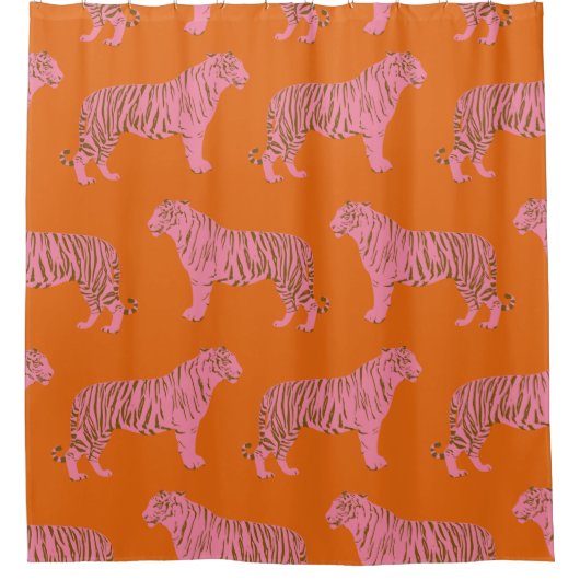 かわいいボホオレンジとピンクタイガーアートパターン シャワーカーテン (正面)